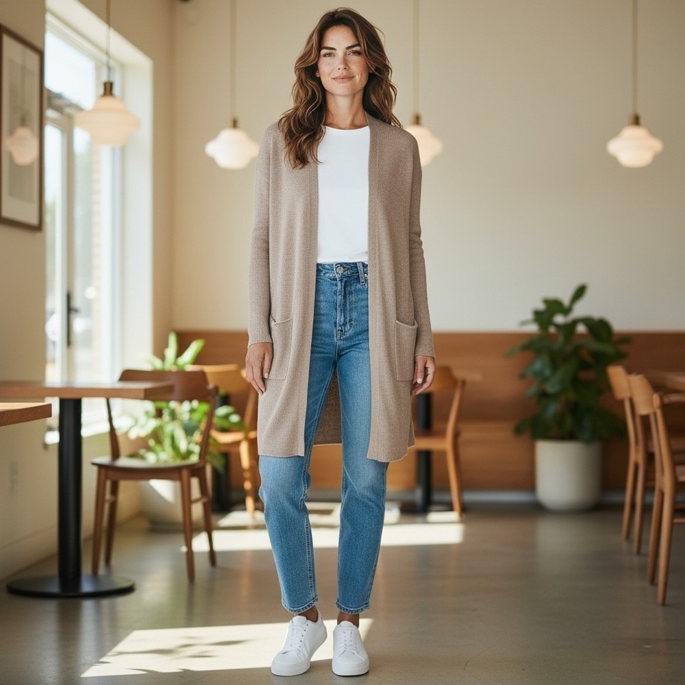 PHILOSOPHY Womens Long Medium Cardigan Open Front Knit Pockets Neutral Career